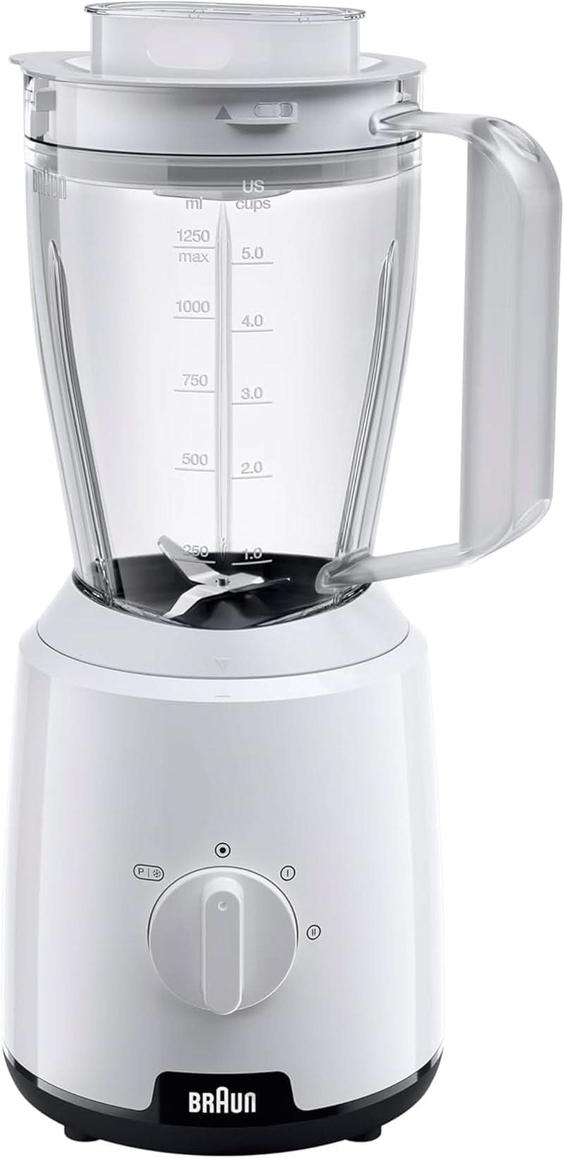 Braun Powerblend 1 JB1050WH - Mikser stojący Mit 1,5 L Glas-Mixaufsatz, Küchenhelfer Zum Zerkleinern, Pürieren & Mixen, Funkcja kruszenia lodu, 2 Geschwindigkeiten, 600 Watt, Weiß Bucatarie Naty Shop Weiß Standard-Mixaufsatz