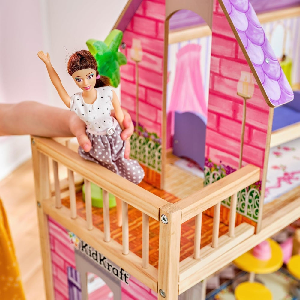 Drewniany domek dla lalek Kidkraft Kayla z meblami i akcesoriami, 3-poziomowy zestaw dla lalek 30 cm, zabawka dla 3 lat, 65092 — wyłącznie w sklepie Amazon Dollhouses Naty Shop