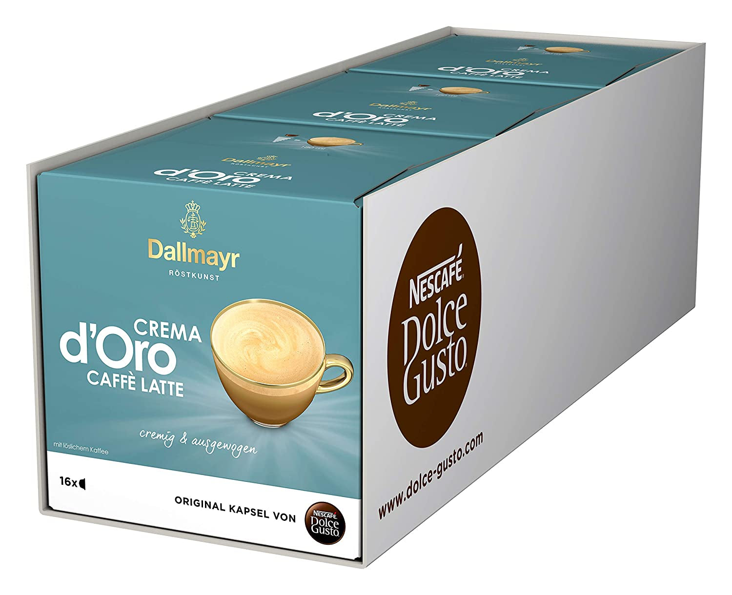 Dallmayr Crema d´Oro, XXL-Vorratsbox (3 x 30 Kapseln) & Dallmayr Crema d'Oro Caffè Latte (48 Kaffeekapseln, 48 Getränke, cremig & ausgewogen) 3er Pack (3 x 16 Kapseln)