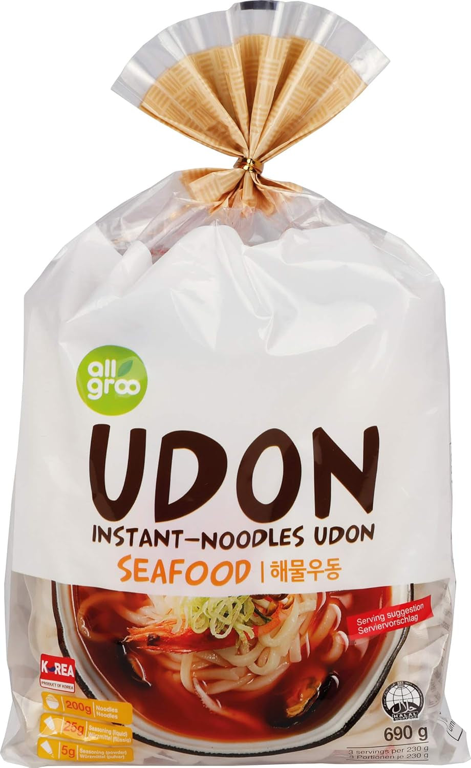 Allgroo Udon Instant Noodles - Pikantna Zupa Udon, szybkie przygotowanie - Zawiera 3 porcje - 1 x 690g