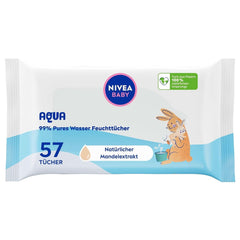 NIVEA Baby AQUA Feuchttücher, Baby Feuchttücher Zur Sanften Reinigung Empfindlicher Haut, Hypoallergene Und Parfümfreie Feuchttücher Für Babies Mit 99% Wasser (1 X 57 Stück) Chusteczki nawilżane dla niemowląt Naty Shop 57 Stück (opakowanie 1Er)