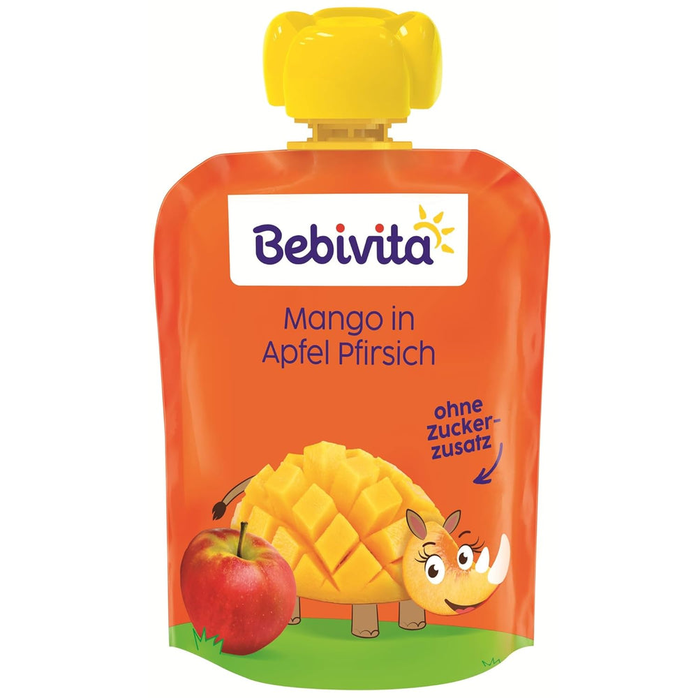 Woreczki do wyciskania Mango Apple Peach - 16 opakowań (4 opakowania, 4 x 90 g każde), bez dodatku cukru, bezglutenowe, idealne do pakowanych przekąsek i w podróży