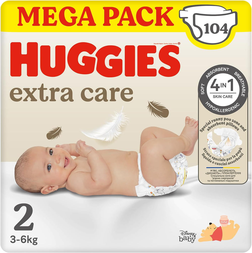 Pieluszki dla niemowląt Huggies Extra Care, rozmiar 2 (3-6 kg), super chłonne, Disney Design, mega opakowanie, 104 sztuki