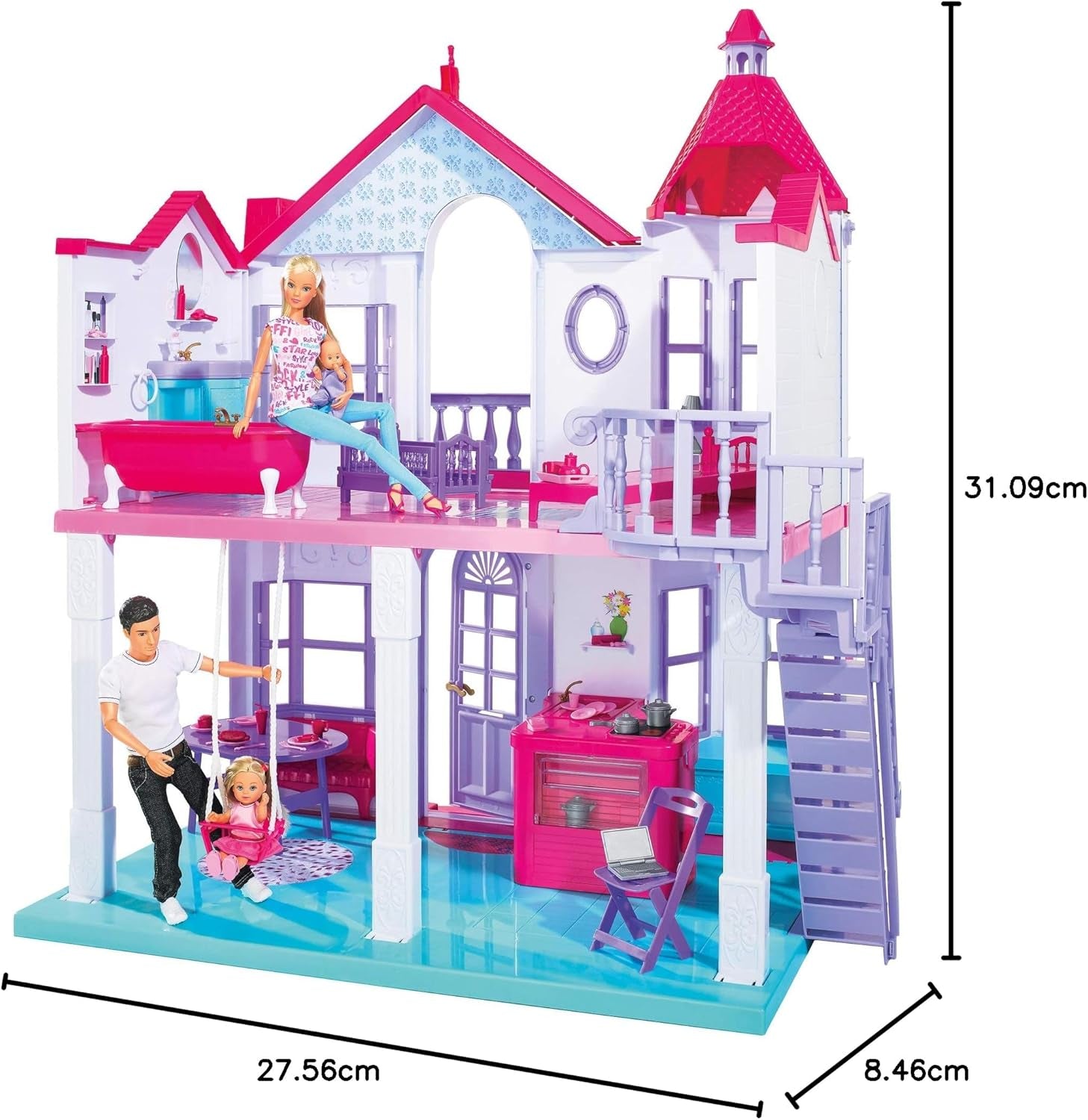 Simba 104661996 - Steffi Love Dreamhouse, duży domek do zabawy, 4 pokoje, BEZ LALEK, wysokość 84 cm, dwa poziomy, funkcjonalny dzwonek, składane domki dla lalek Naty Shop