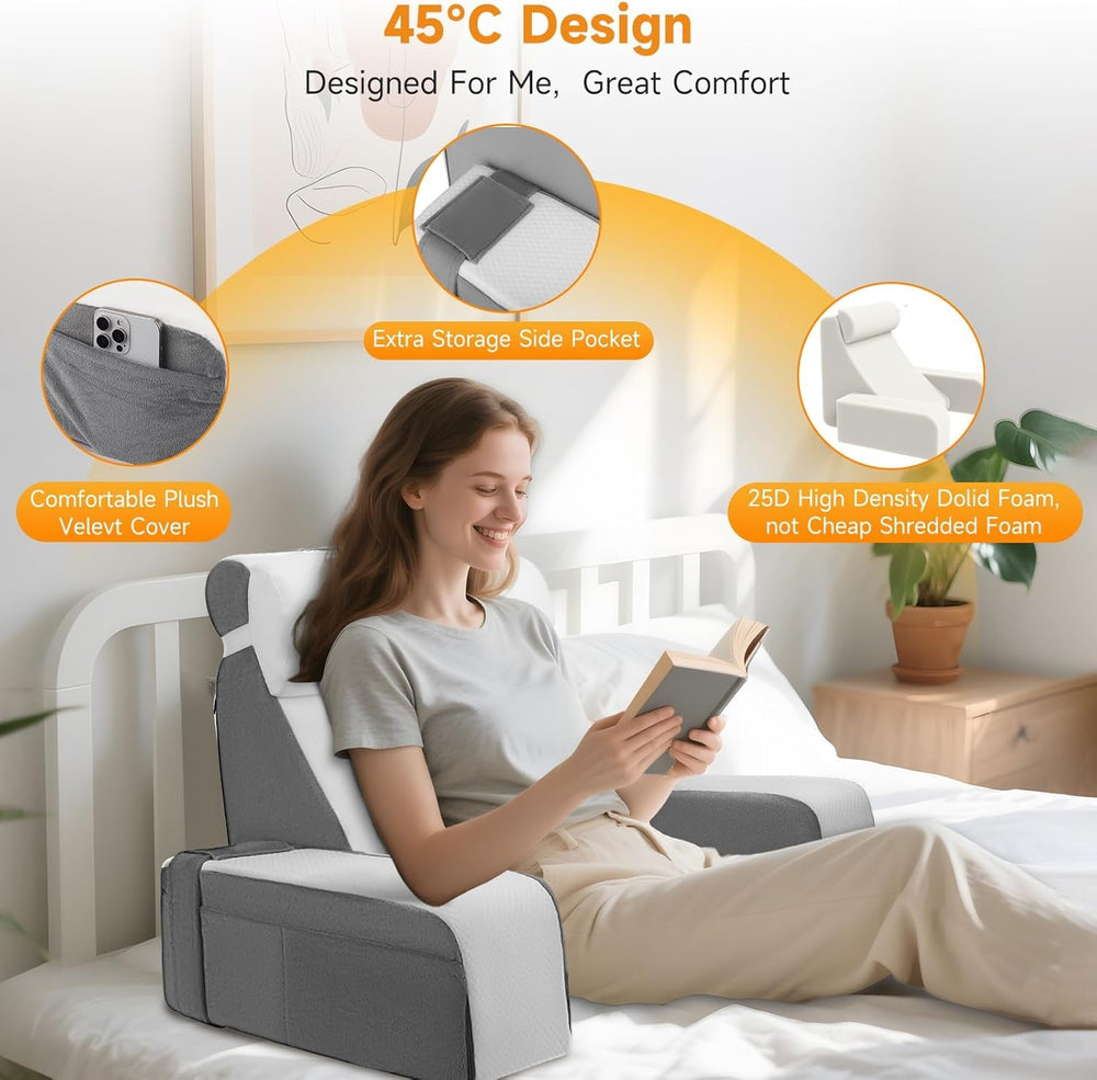 Pernă mare de citit cu suport pentru gât și cotiere detașabile, pernă pentru spate pentru pat, pernă ergonomică pentru spătar cu braț, buzunar și husă lavabilă pentru citit și vizionat la televizor.