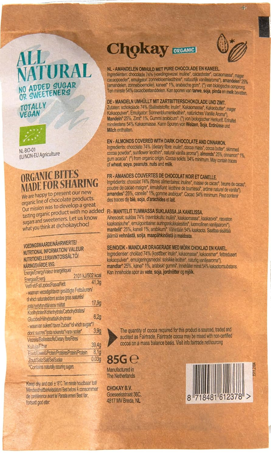 Organic Bites - Migdały Cynamonowe i Migdały Ciemnej Belgijskiej Czekolady / Bez Dodatku Cukru, Bez Słodzików / Wegańskie i Sprawiedliwego Handlu / 1 x 85g