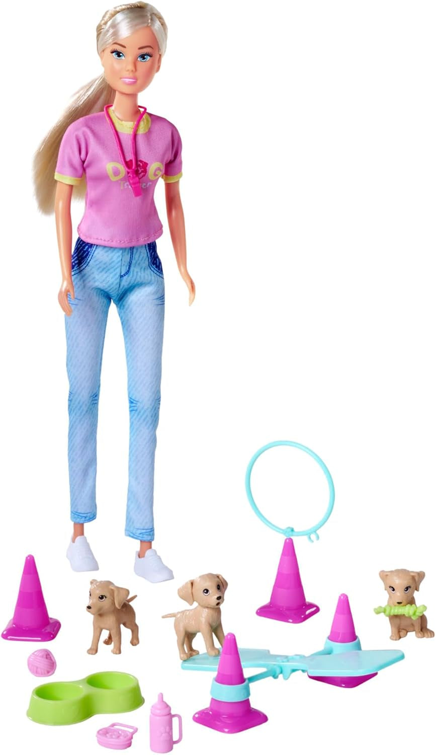 Simba Steffi Love Dresor de Câini, păpușă de jucărie ca dresor de câini cu curs de dresaj, 3 câini și accesorii, 29 cm, de la 3 ani