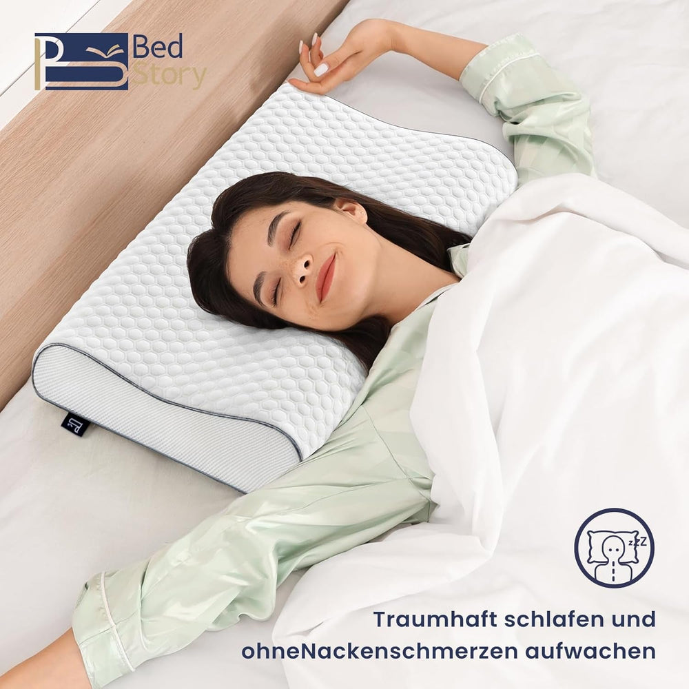 Pernă BedStory din spumă cu memorie, pernă cu suport pentru gât reglabilă pe înălțime, pernă ergonomică, pernă pentru dormit pe o parte pentru cei care dorm pe spate și pe burtă (60x36x12/10 cm)