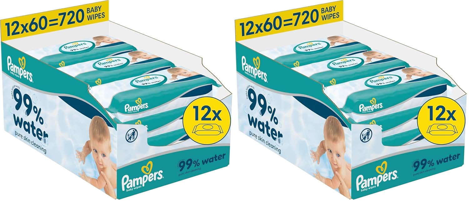 Chusteczki dla niemowląt Pampers 99% Water, 12 opakowań po 60 chusteczek = 720 chusteczek dla niemowląt, lekki balsam 99% wody