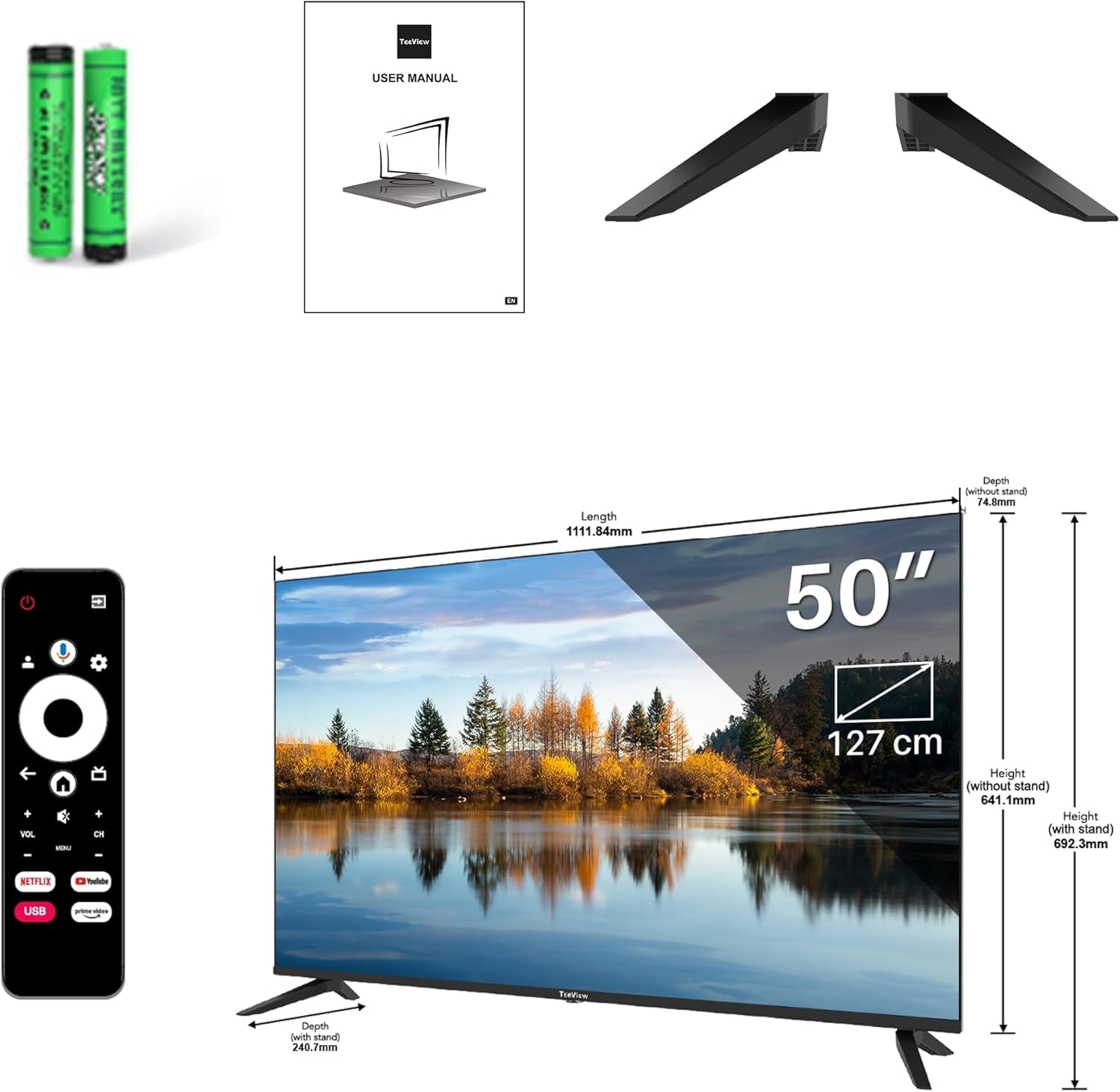TEEVIEW Google Smart TV | 4K UHD | 50”/127cm | Design fără ramă | Tuner triplu DVB-T/T2/S/S2/C | • HDMI x3, USB x2, CI+ | Control vocal și aplicații de streaming | Asamblat în Eindhoven | TV50QUG-EU