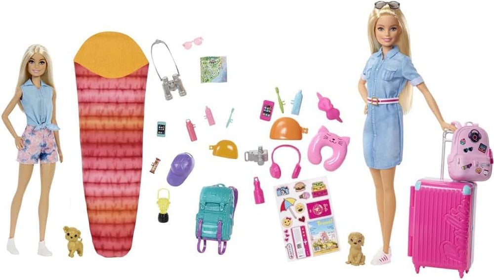 Barbie Camping Series, păpușă 1X cu păr blond, rucsac de drumeție, echipament de exterior, binoclu, hartă, cățel, accesorii, cadou pentru copii, jucărie de la 3 ani,Hdf73 Papusi Naty Shop Pachet cu accesorii de camping Malibu