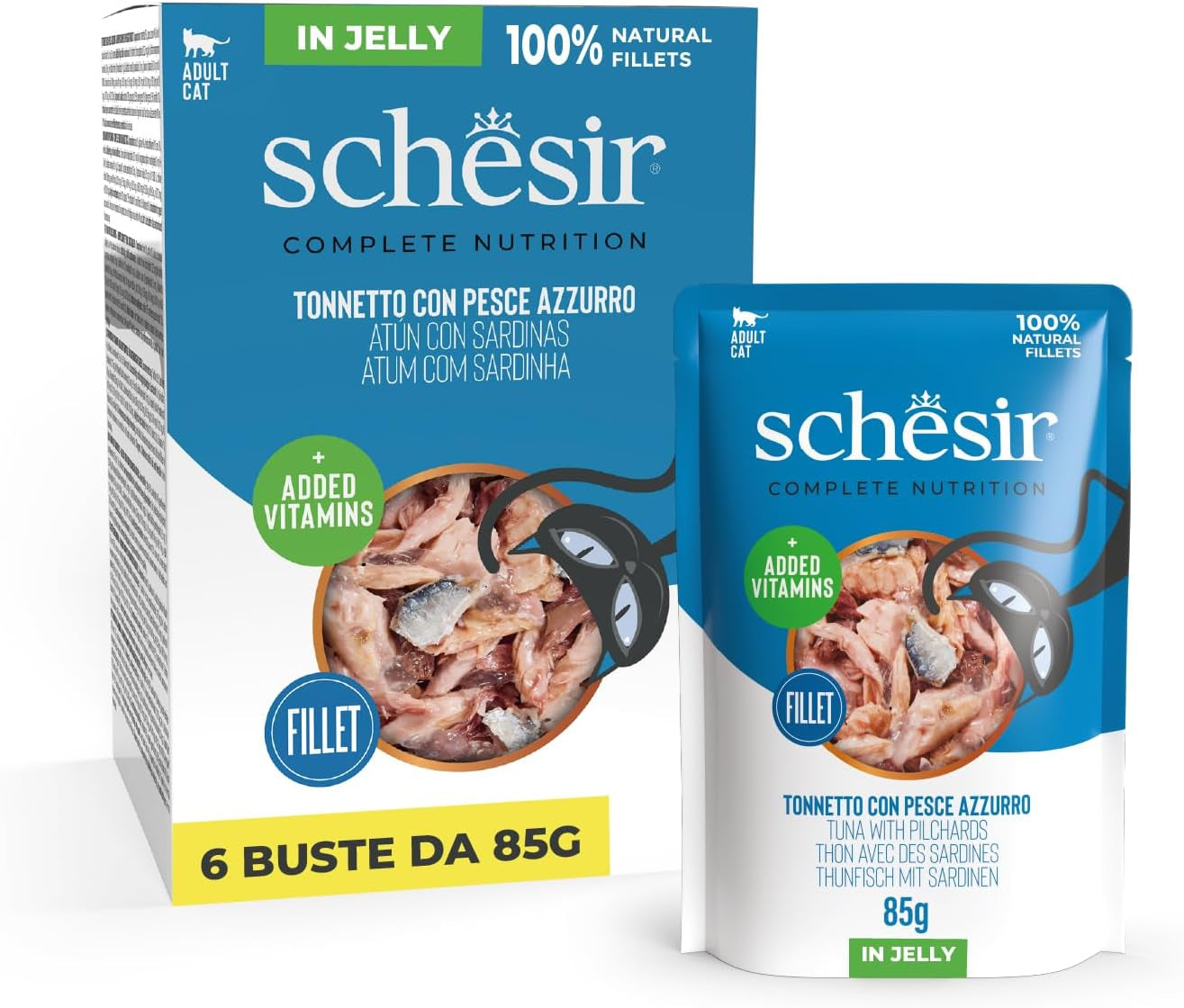 , Thunfisch mit blauem Fisch in Gelee, komplettes Nassfutter für Katzen, im Beutel, mit zusätzlichen Vitaminen, 100% natürlich, 6 x 85 g