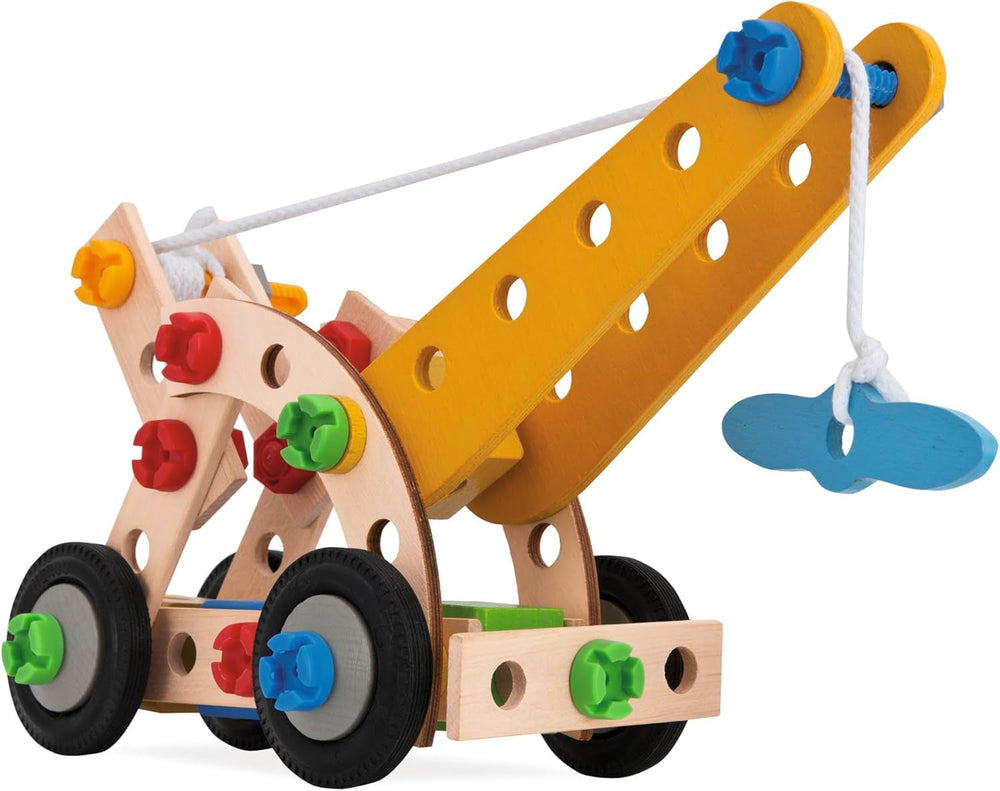 Eichhorn - 100039022 - Constructor Kranwagen, 70-teilig, Holzspielzeug-Konstruktionsset, 4 Verschiedene Modelvarianten baubar, Holzbaukasten, Motorikspielzeug ab 3 Jahren