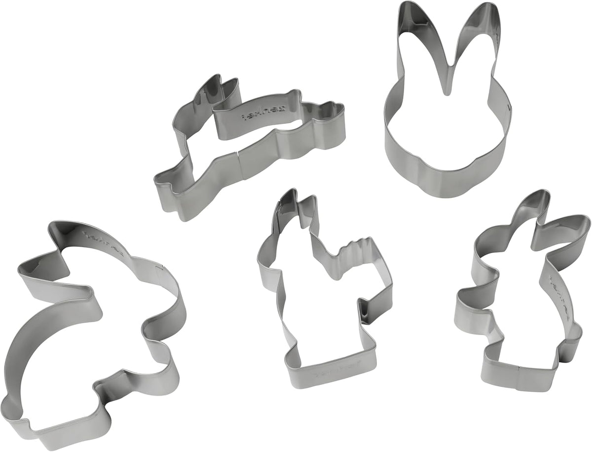 Set de 5 forme de biscuiți cu iepuraș de Paște, forme de biscuiți, forme de biscuiți și fondant, forme de biscuiți din oțel inoxidabil de înaltă calitate, ajutor de bucătărie, culoare: argintiu