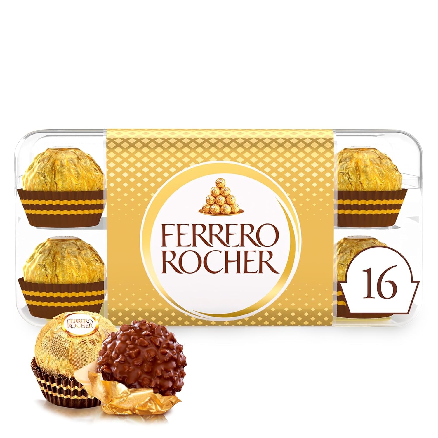 Ferrero Rocher - Chrupiące i kremowe praliny specjalne z orzechów laskowych - Prezent na Walentynki dla niego i dla niej - 16 opakowań po 4 pojedyncze praliny