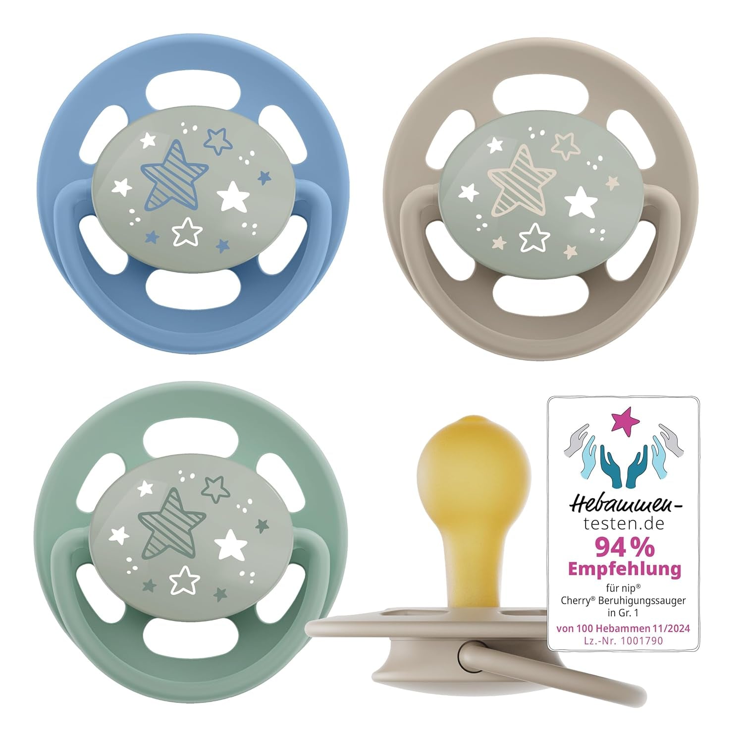 nip - Verde Cireș | 0-6 luni | Pachet de 4 | Suzetă pentru bebeluși, potrivită pentru alăptare și pentru dinți. Suzetă sustenabilă, fabricată din materii prime naturale, verde deschis/maro