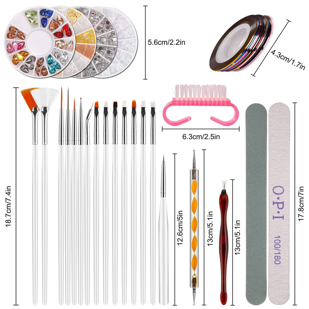 Nail Art Dekorationen & Nagelpinsel Set, Nageldesign Zubehör, Nagelset 5 Stk 2 Wege Punktierung Stift, 15 Malerei Polnisch Pinsel Set, 10 Streifenband, 4 Boxen Bunte Nagel Rhinestones Dekoration
