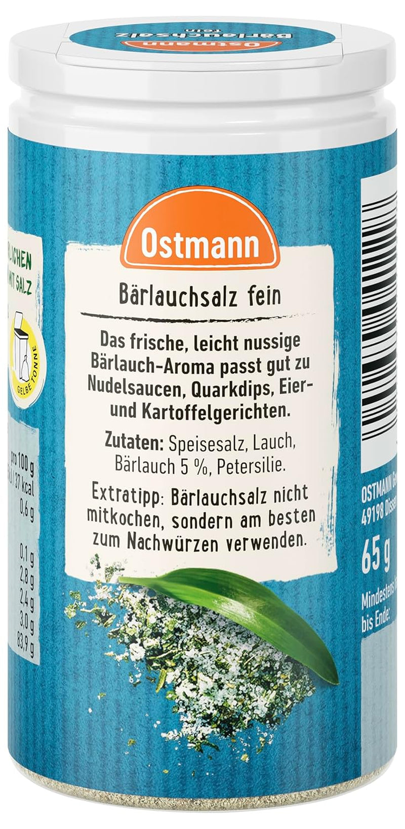 Ostmann Gewürze - Bärlauchsalz | Idealny dla Herzhaften Gemüse oder Fleischgerichten Recyclebare, nachfüllbare Streudose | 65 g w Streuerze