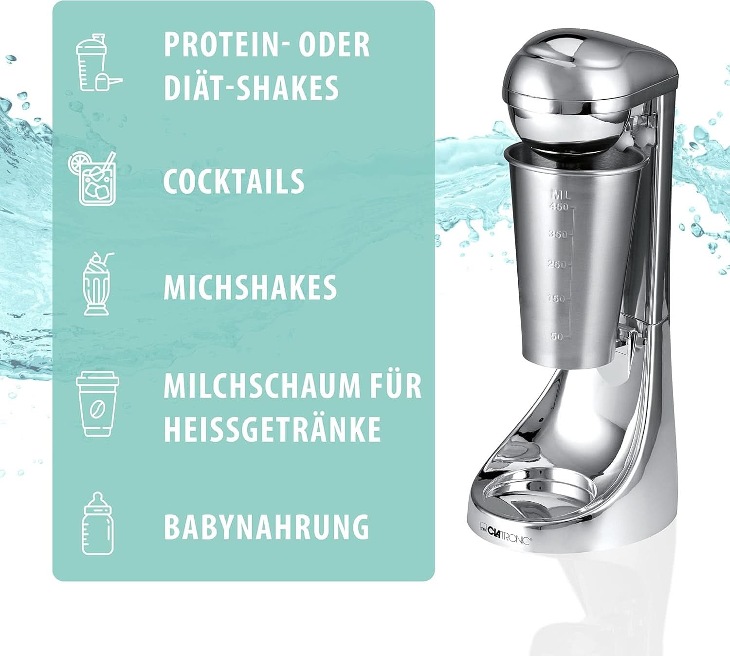 Clatronic® Barmixer U. Milchaufschäumer | Maszyna do smoothie | 650 ml Edelstahlbehälter | Praktischer Becherhalter | Mikser | 2 Geschwindigkeitsstufen | Silnik Kraftvoller 65 W | Chromdesgin | BM 3472 Kuchnia Naty Shop