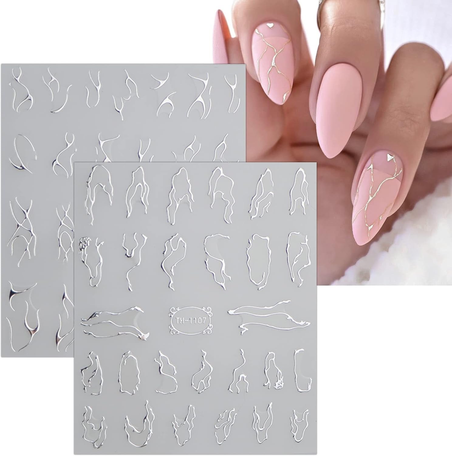 JMEOWIO Nagelsticker Marmor Linie 9 Blatt Nail Art Sticker Selbstklebend Nagelaufkleber Silber Bunt Dekoration Nageldesign Zubehör