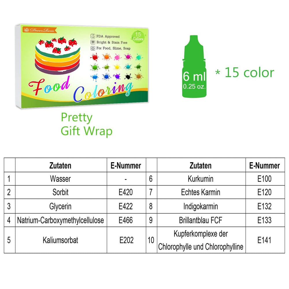 Zestaw 15 barwników spożywczych w płynie, po 6 ml każdy kolor Naty Shop