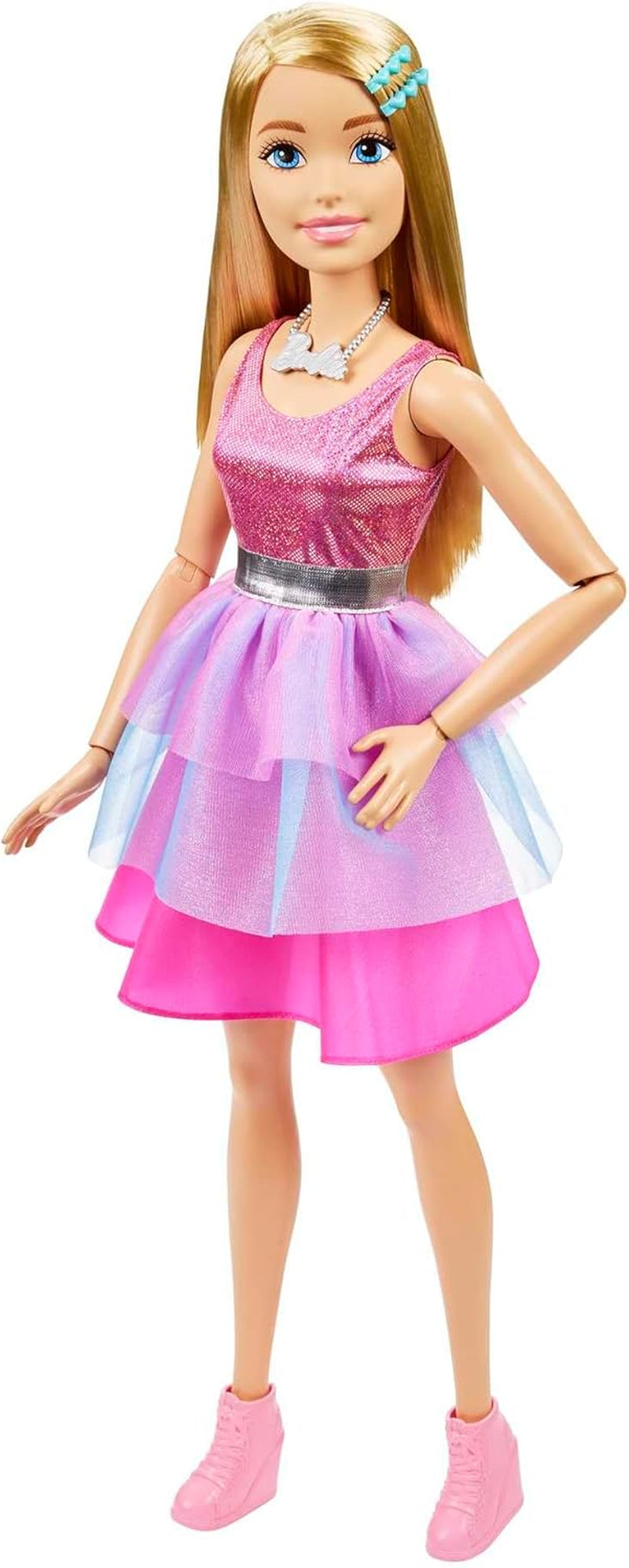 Păpușă Barbie Extra Large (71 cm) - Rochie roz, păr blond cu agrafă și colier, cadou pentru copii cu vârsta de 3 ani și peste, HJY02