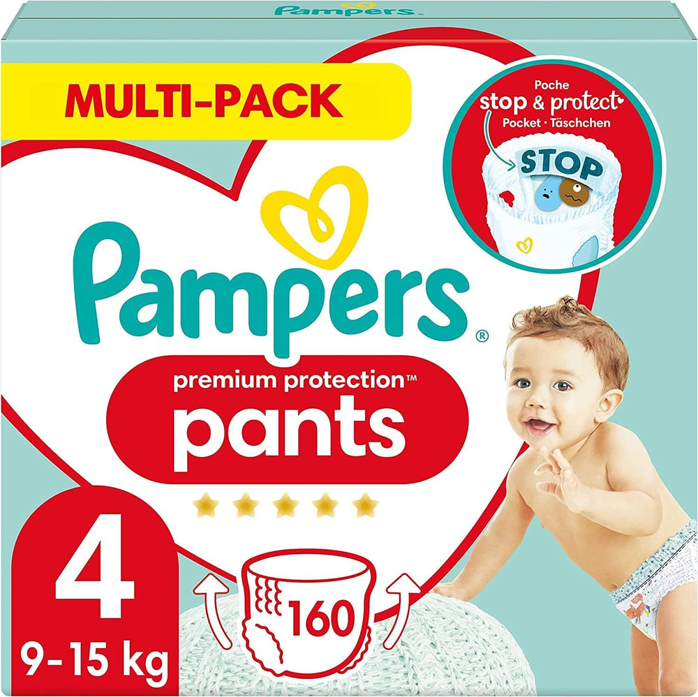 Spodnie Pampers Premium Protection rozmiar 5, 144 pieluszki, 11 kg - 17 kg, z regulacją 360° i miękkimi mankietami zapobiegającymi wyciekaniu dla optymalnego komfortu i ochrony