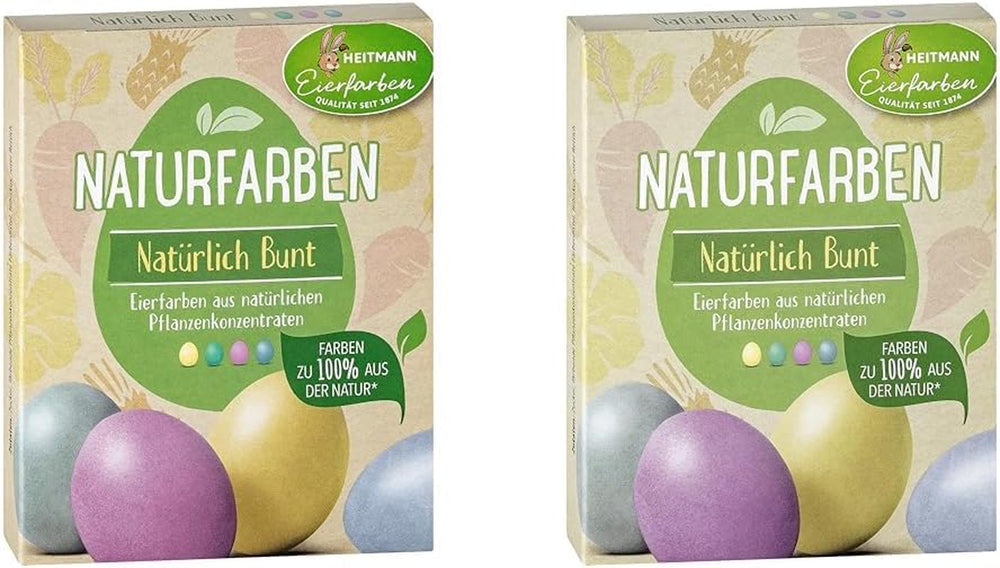Set de vopsire naturală Heitmann Egg Dye, 3 pudre de colorare pe bază de ou (galben, violet, gri-albastru), foaie de autocolante din hârtie cu iarbă