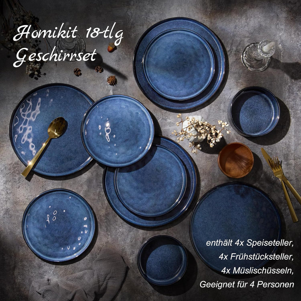Set de veselă Homikit, set de veselă cu 12 piese pentru 4 persoane, serviciu de cină combinat cu farfurii, farfurii de desert și boluri pentru cereale, potrivit pentru cuptorul cu microunde și mașina de spălat vase, albastru elegant