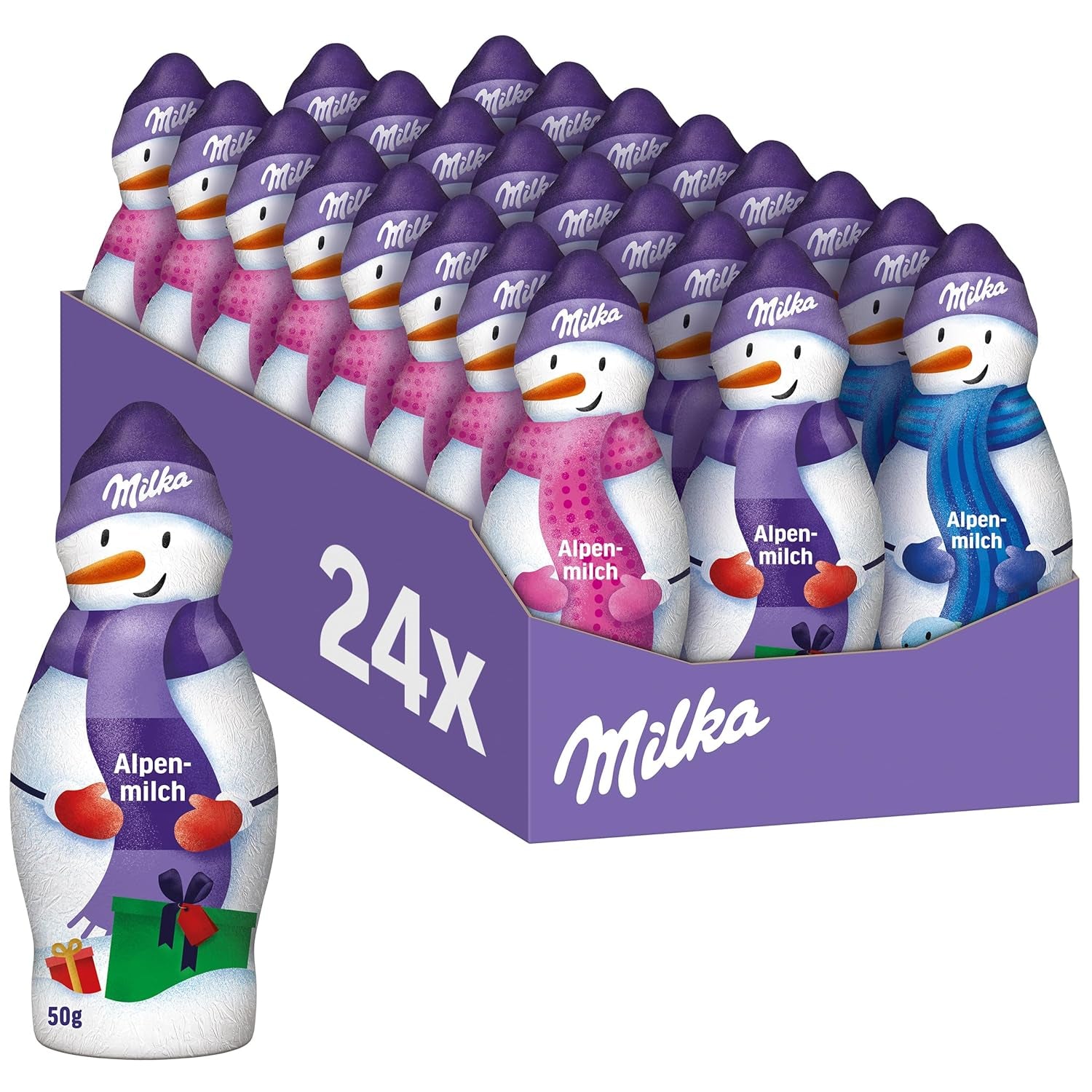 Milka Snowman Alpine Milk - Duże opakowanie czekoladowych figurek bałwanków w 3 modelach - 24 x 50g