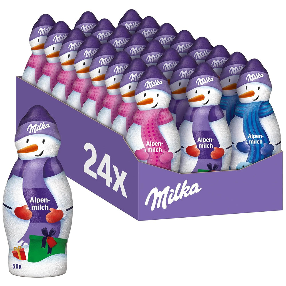 Milka Snowman Alpine Milk - Duże opakowanie czekoladowych figurek bałwanków w 3 modelach - 24 x 50g