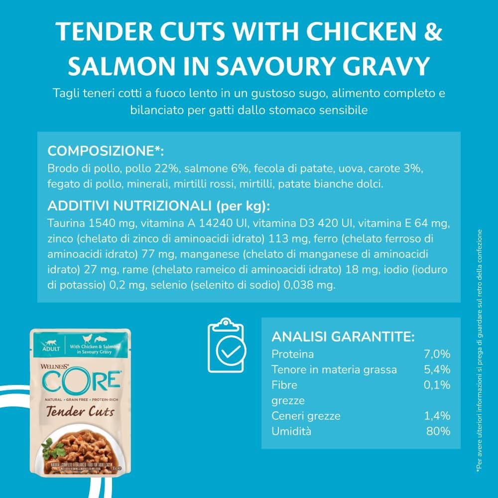 Wellness CORE Tender Cuts 6 x 85g, Mix Selecție de Pui – Hrană umedă pentru pisici, bucăți fragede în sos, fără cereale, naturală, hipoalergenică, bogată în proteine, conținut ridicat de carne