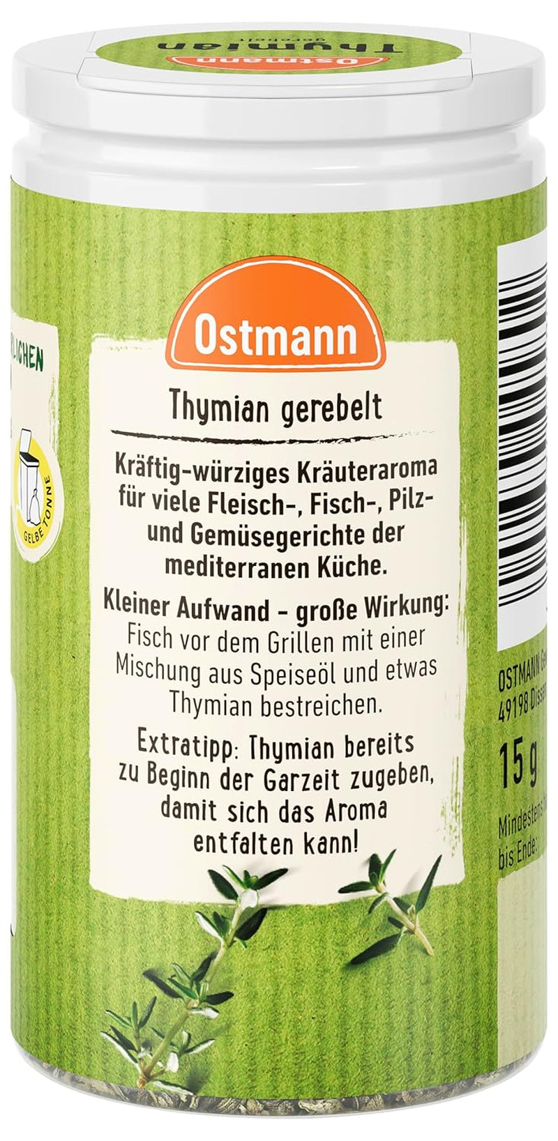 Ostmann Thyme gerebelt 15 g Thyme-Gewürz für viele Fleisch-, Fisch-, Pilz-, und Gemüsegerichte der Mediterranen Küche, Ilość: 1 szt.
