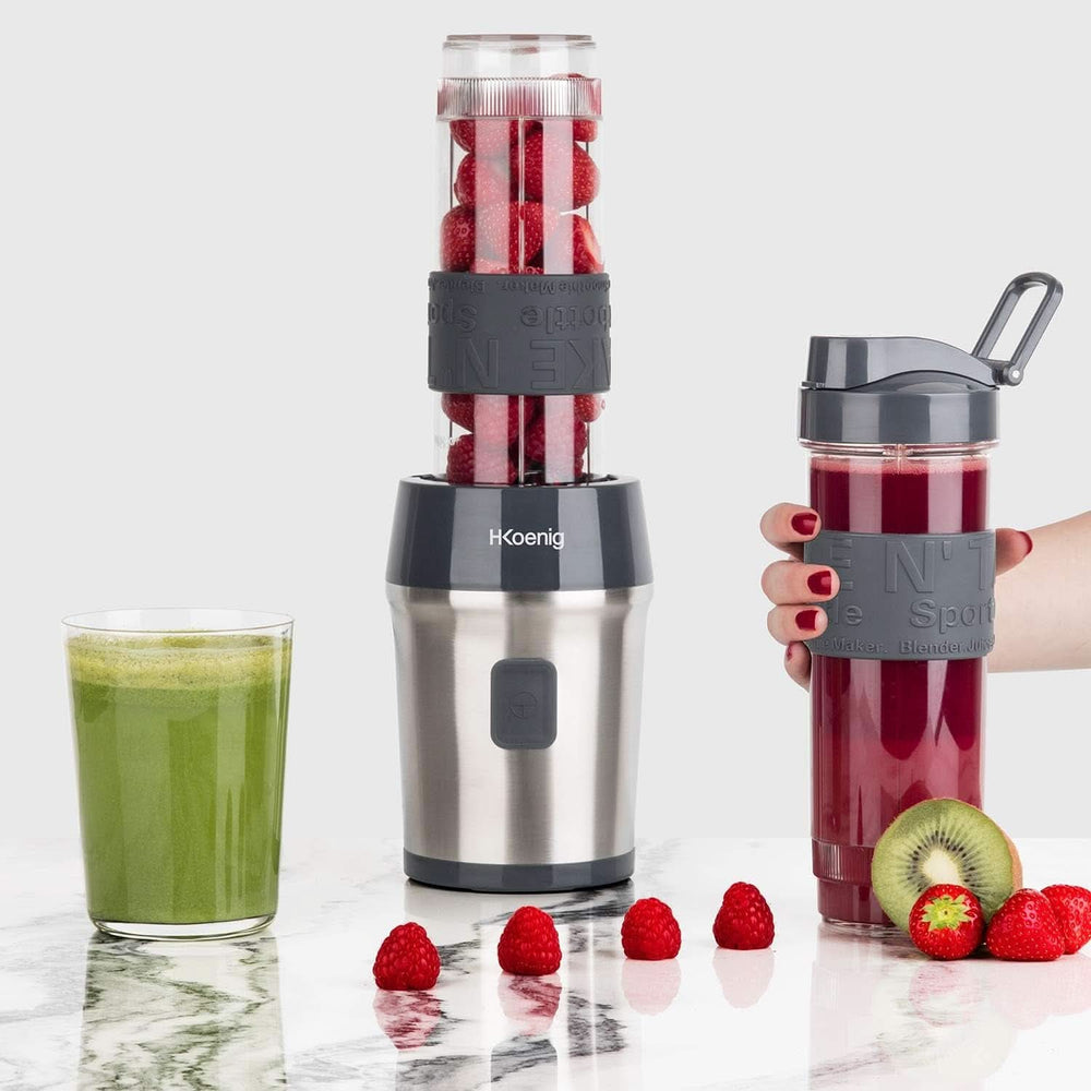 H.Koenig Smoothie Maker SMOO9 - Mini mikser stojący - Mini blender - 300 Watt - 570 ml - Edelstahl - 2 Kunststoffflaschen - Bpa-Frei, Grau Kitchen Naty Shop