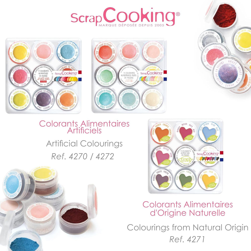 Scrapcooking - Set 9 coloranți alimentari pastel - Albastru, Galben, Coral, Roz, Turcoaz, Verde Lămâie, Alb, Verde Aqua, Roz pudră - Pudră colorantă comestibilă pentru prăjituri, brioșe, macarons - 4272