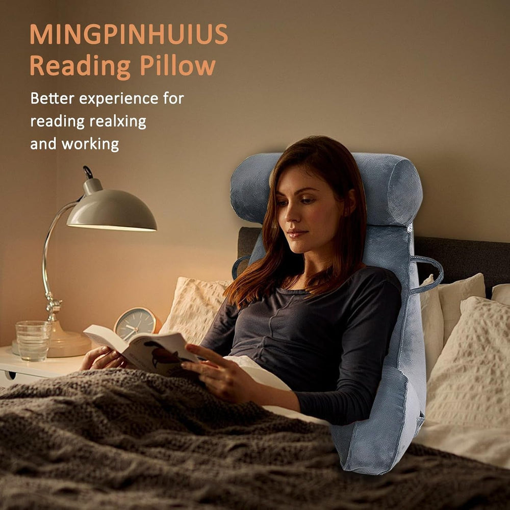 Pernă de citit XL pentru pat și canapea cu rolă detașabilă pentru gât, pernă ideală pentru spate pentru adulți cu spumă cu memorie pentru citit confortabil, lucru, joacă, vizionat la televizor, relaxare (gri)