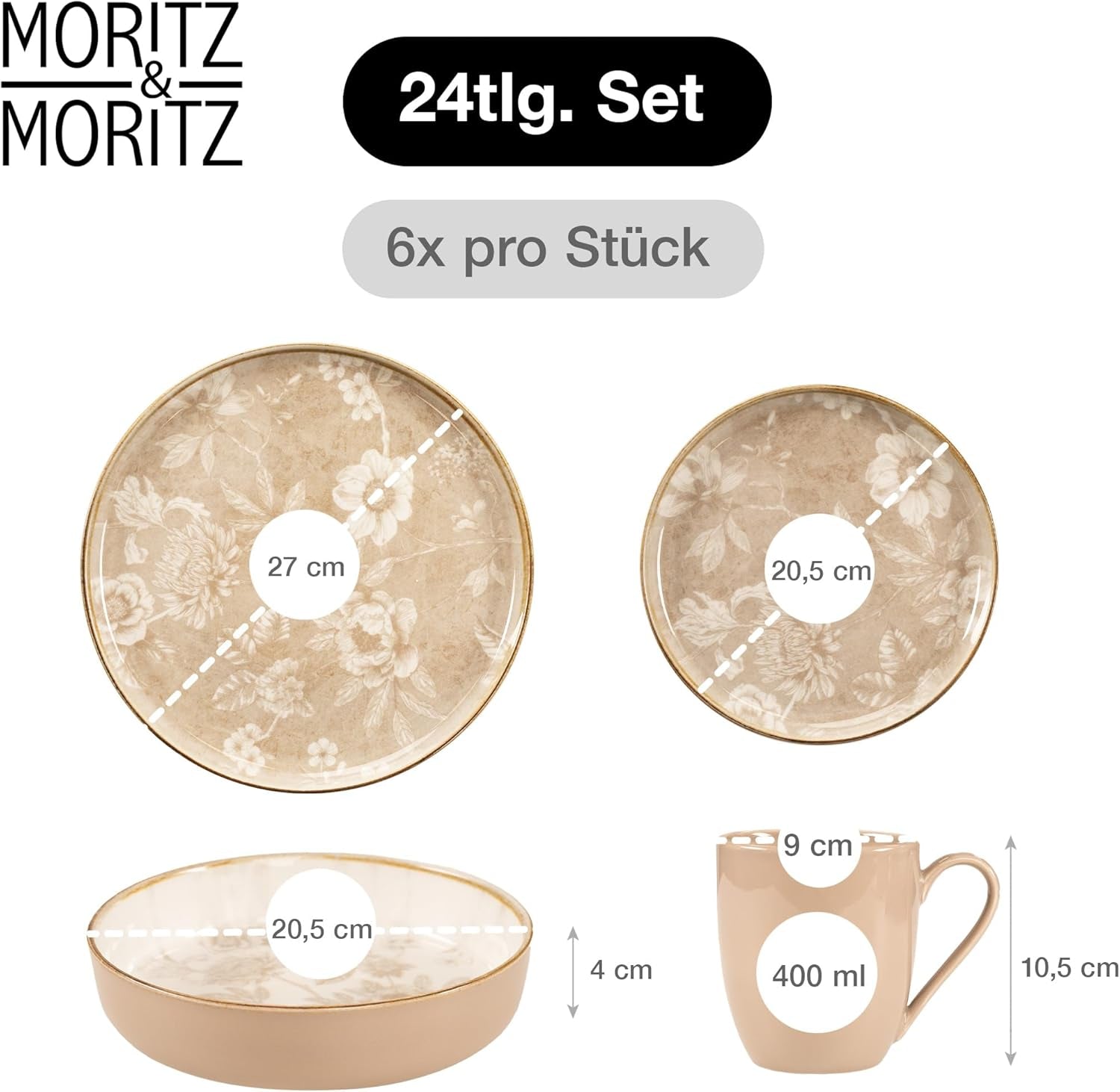 Set de veselă din gresie Moritz & Moritz MARIELLA pentru 6 persoane, 24 de piese - Veselă modernă bej cu un design jucăuș, serviciu de cafea ușor de întreținut cu farfurii, boluri și cești - Set combinat