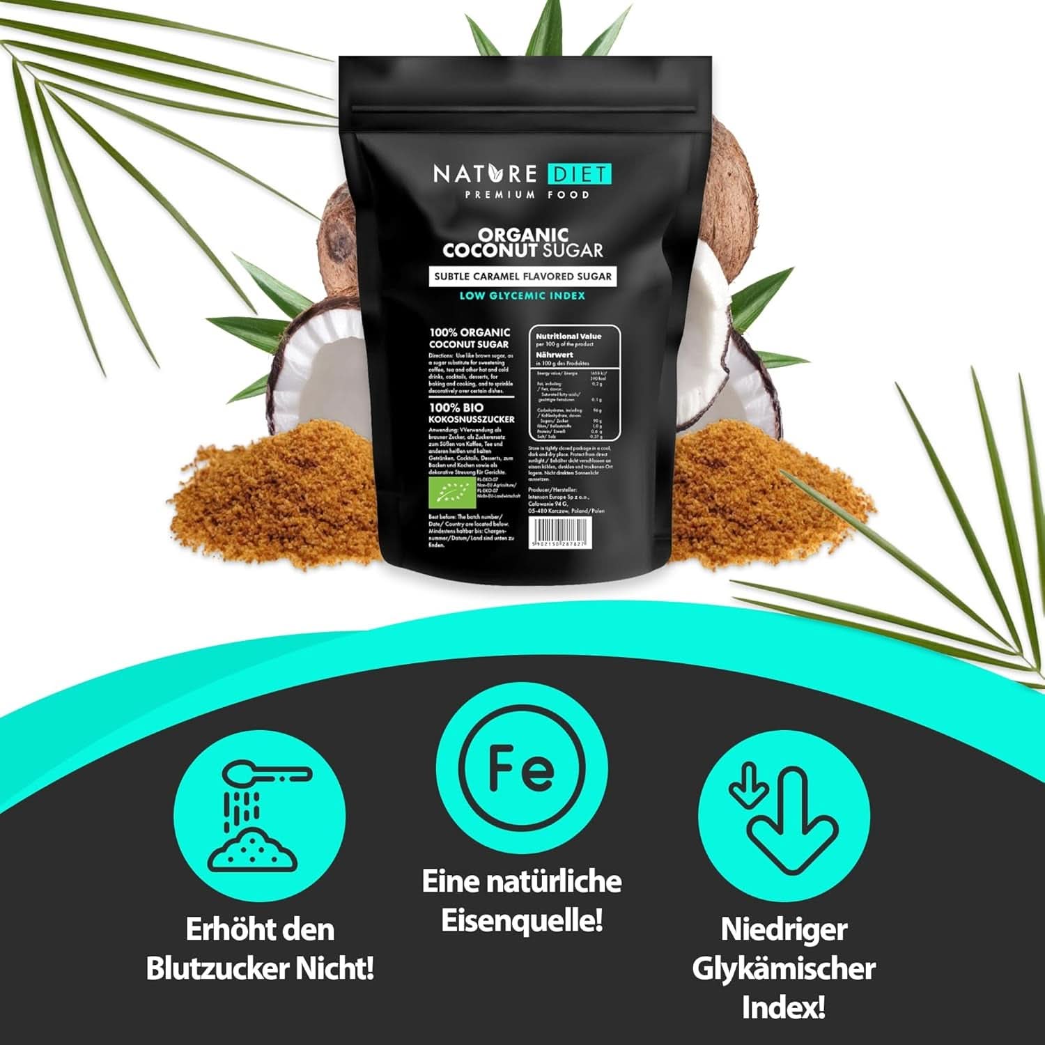 Organiczny cukier kokosowy o smaku karmelowym, 1,5 Kg Słodziki Naty Shop