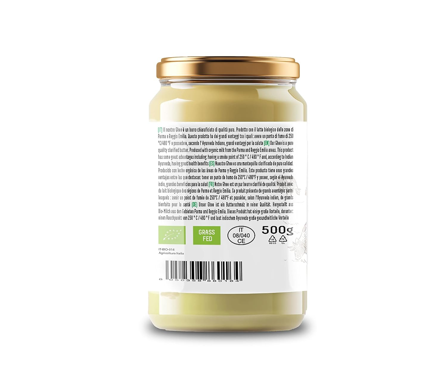 Cibo Bio Ghee 500g – Milch aus Parma und Reggio Emilia – Hergestellt in Italy – Weidekühe – Rauchpunkt 250°C – Aus Centrifugensahne