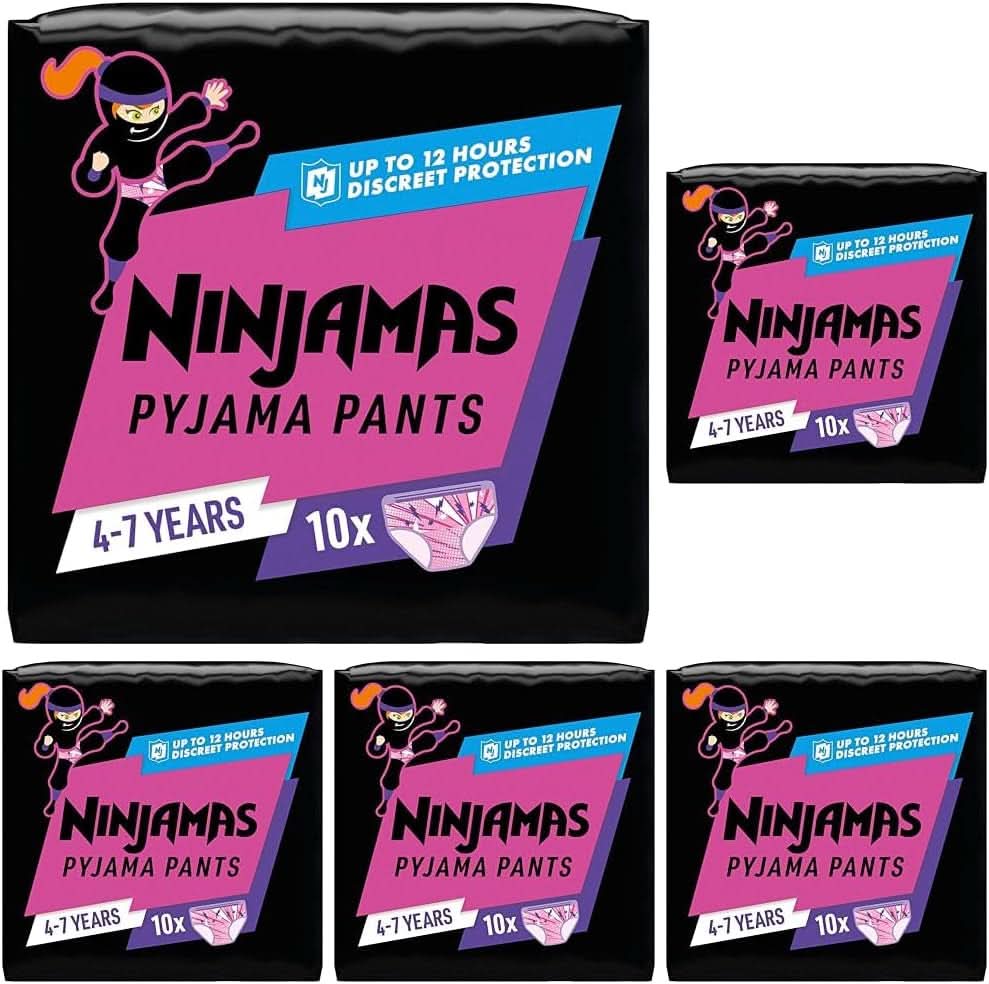 Spodnie od piżamy Ninjamas Spaceship, 10 chłonnych spodni nocnych, 7 lat, 17 kg-30 kg Matka i dziecko Naty Shop 50 sztuk Dziewczęta, 4-7 lat