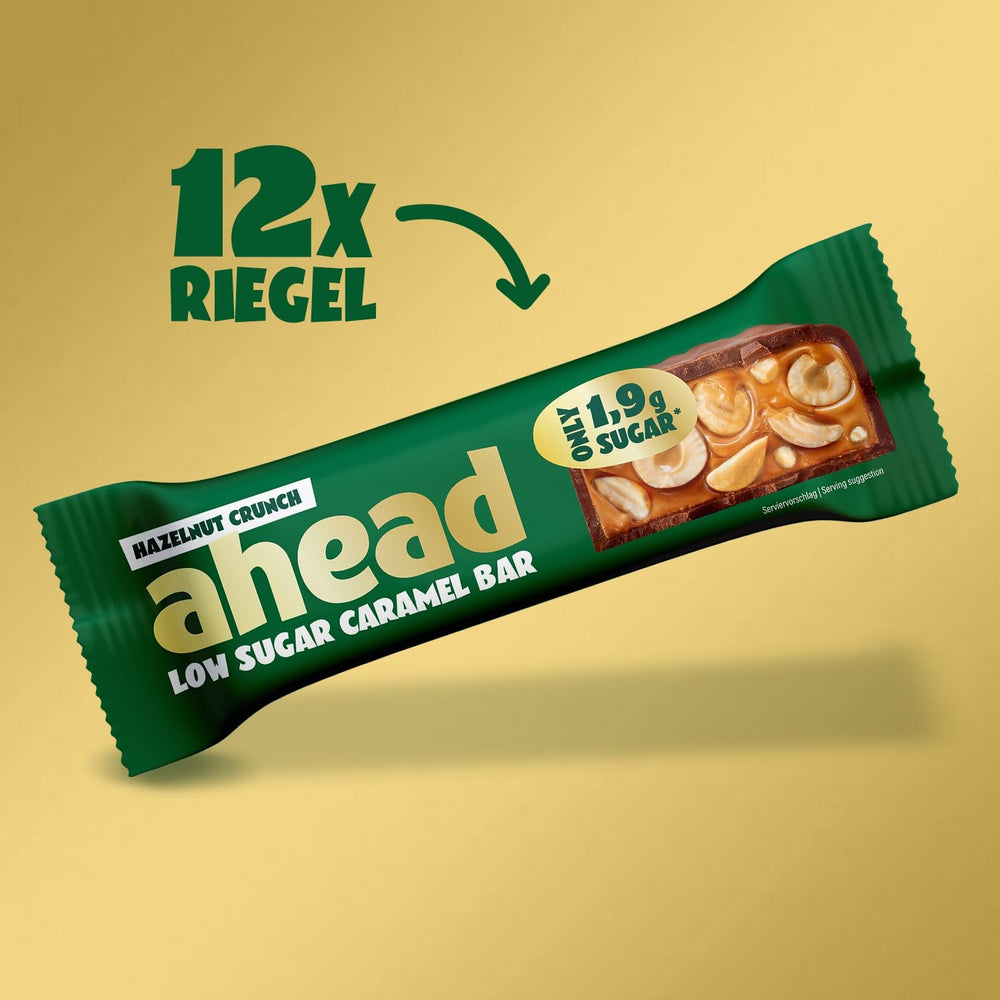Batoane de ciocolată cu caramel și alune de pădure ahead | 12 batoane de ciocolată x 35 g fără zahăr adăugat | 1,9 g zahăr per baton | Aromă crocantă de alune de pădure și caramel | Dulciuri cu conținut scăzut de carbohidrați | Fără ulei de palmier