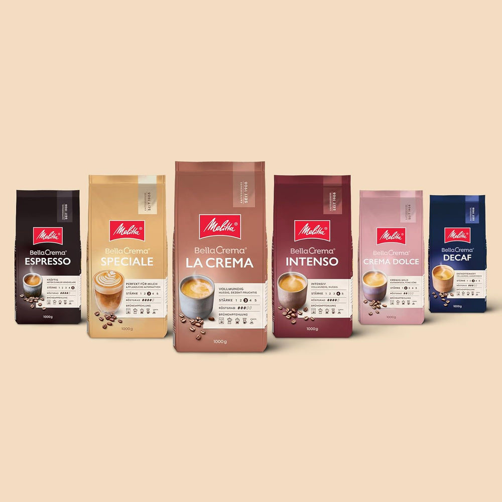 Melitta BellaCrema Speciale Ganze Kaffee-Bohnen 8 x 1kg, ungemahlen, Kaffeebohnen für Kaffee-Vollautomat, mittlere Röstung, geröstet in Deutschland, Stärke 3, im Tray
