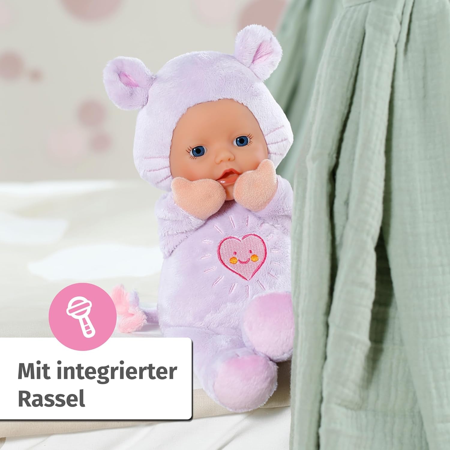 Păpușă moale Baby Born for Babies Mouse, 26 cm, cu urechi și buzunare pentru degete, pentru nou-născuți, 836590 Zapf Creation, Roz