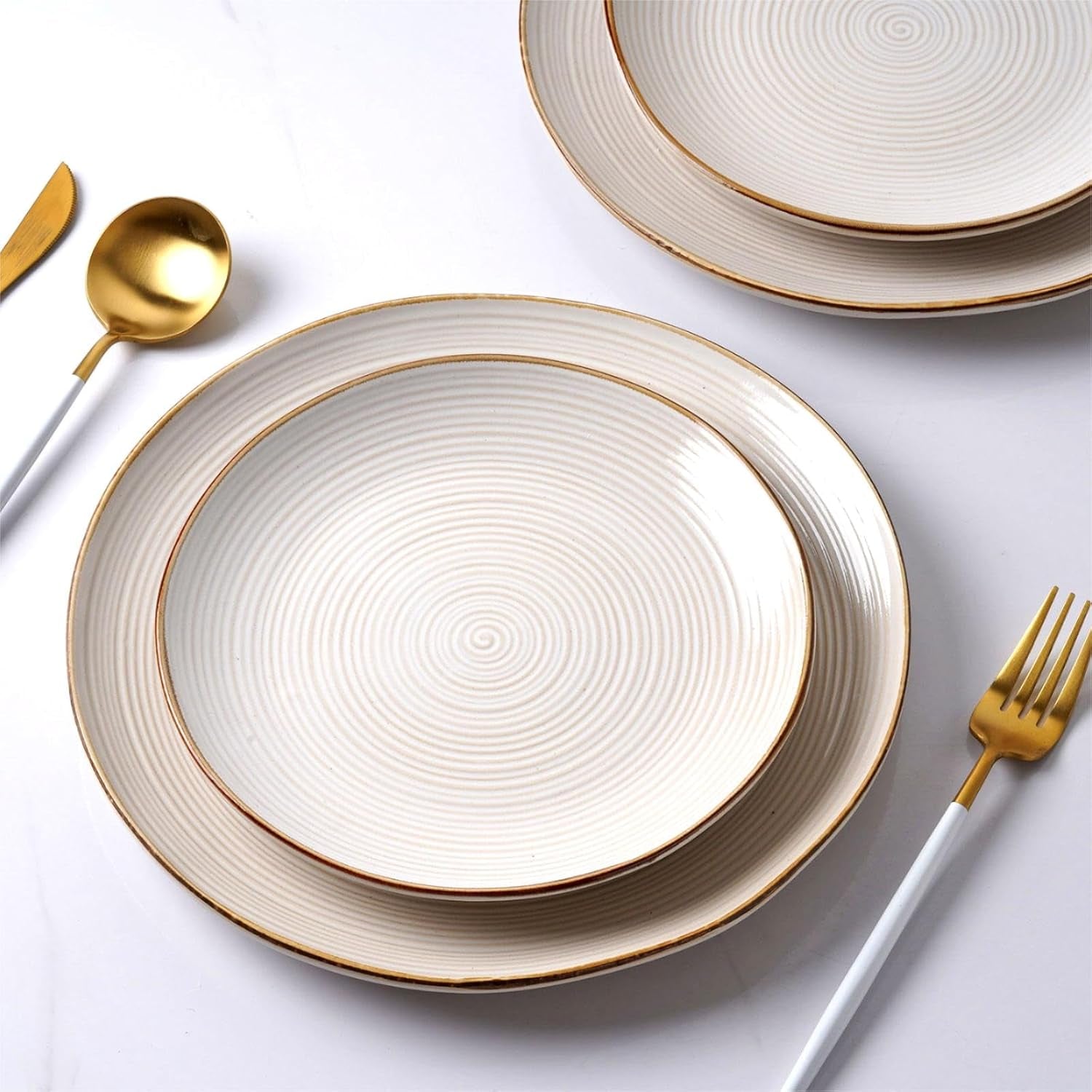 Set de veselă Tempus Series, Set de veselă pentru 6 persoane, Set de veselă din gresie, Set de farfurii cu 18 piese, Glazură reactivă, Potrivit pentru cuptorul cu microunde și mașina de spălat vase, Alb antic