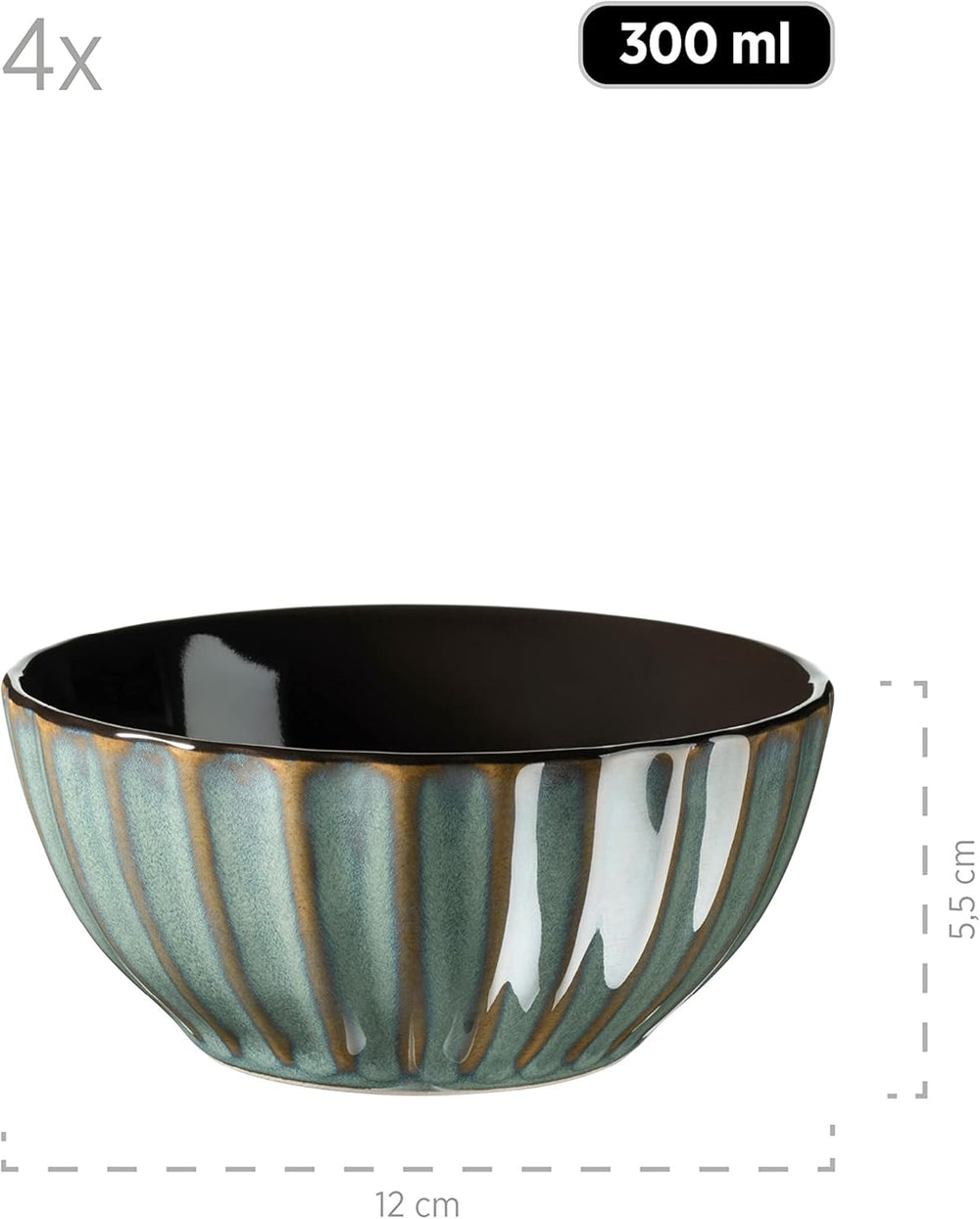 Set de veselă MÄSER 931966 Confino Series pentru 4 persoane, aspect vintage modern, set de mic dejun din ceramică, 12 piese, culoare petrol cu accente negre, gresie
