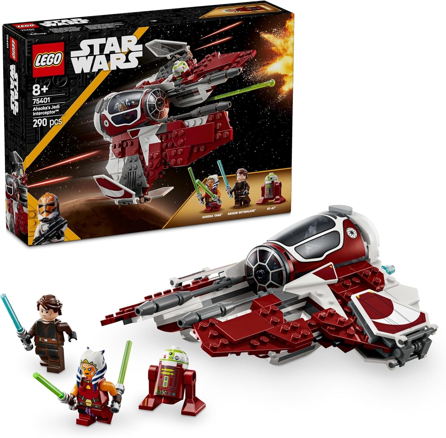 LEGO Star Wars 75401 Jedi Interceptor Starfighter Ahsoki dla fanów Wojen Klonów Ahsoka Tano i Anakin Skywalker Minifigurki z mieczami świetlnymi i R7-A7 dla chłopców i dziewcząt w wieku od 8 lat Zestawy do budowania Beuche den LEGO-Store Tytuł domyślny