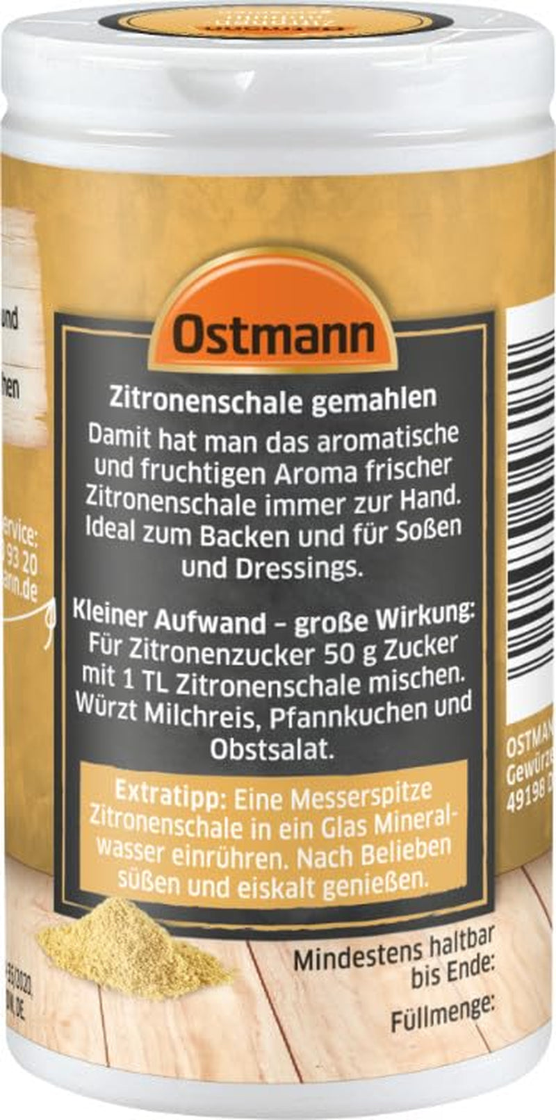 Ostmann Gewürze – Zitronenschale, gemahlene Schale für ein frisches Zitronen-Aroma, zum Backen oder Verfeinern von Soßen, Dressingi i desery, wegańskie, 35 g (Verpackungsdesign kann abweichen)