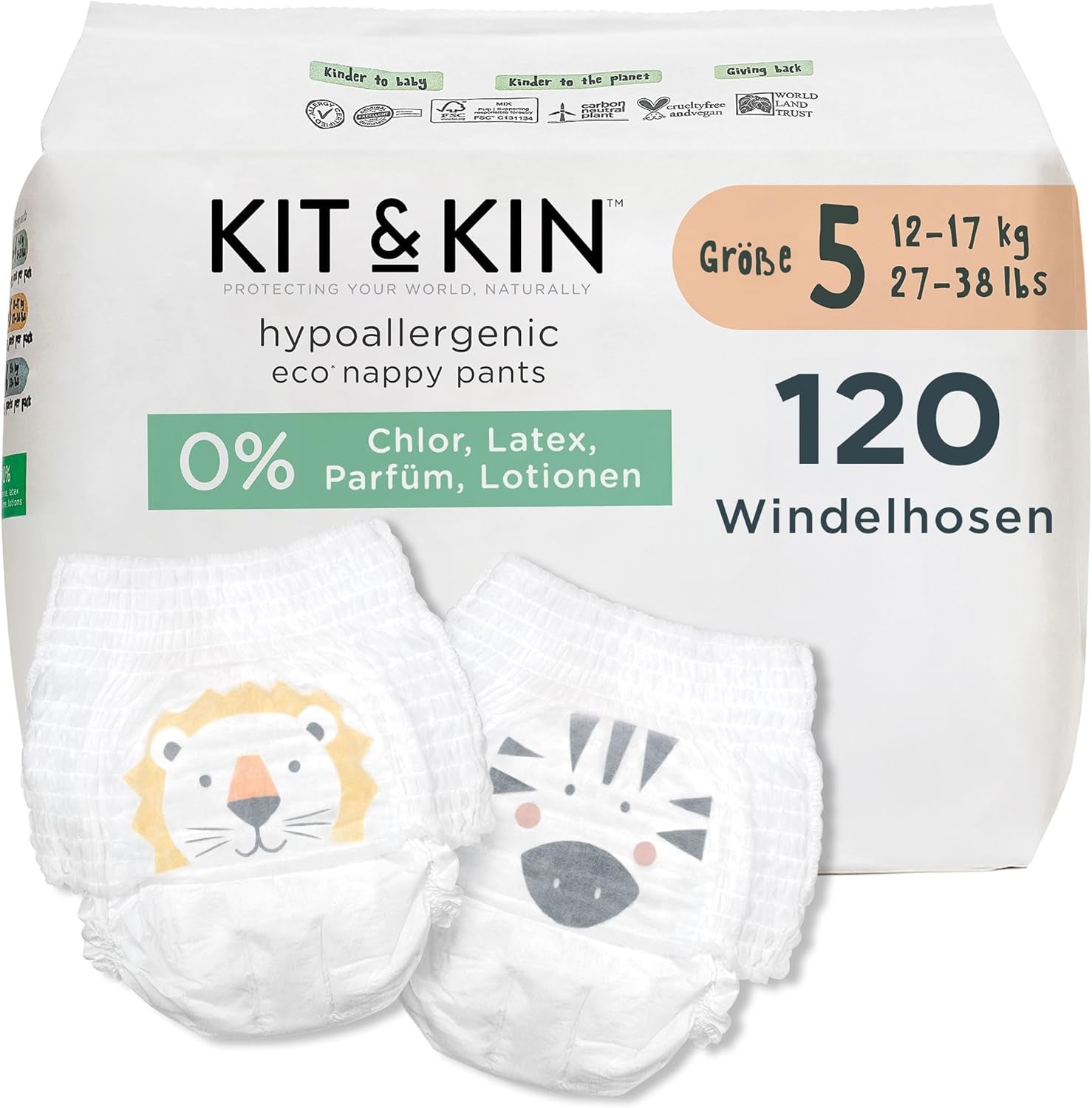 Pieluszki Kit & Kin Premium Eco, rozmiar 4 (9-16 kg), 132 pieluchy, na bazie roślin i hipoalergiczne, niezawodna ochrona przed wyciekami, wegańskie i wolne od okrucieństwa