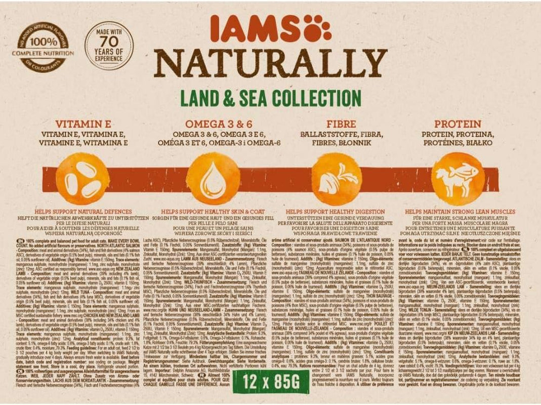 IAMS Hrană umedă naturală pentru pisici în sos - Hrană umedă de înaltă calitate cu carne și pește pentru pisici adulte, Colecția Land & Sea, 12 x 85 g