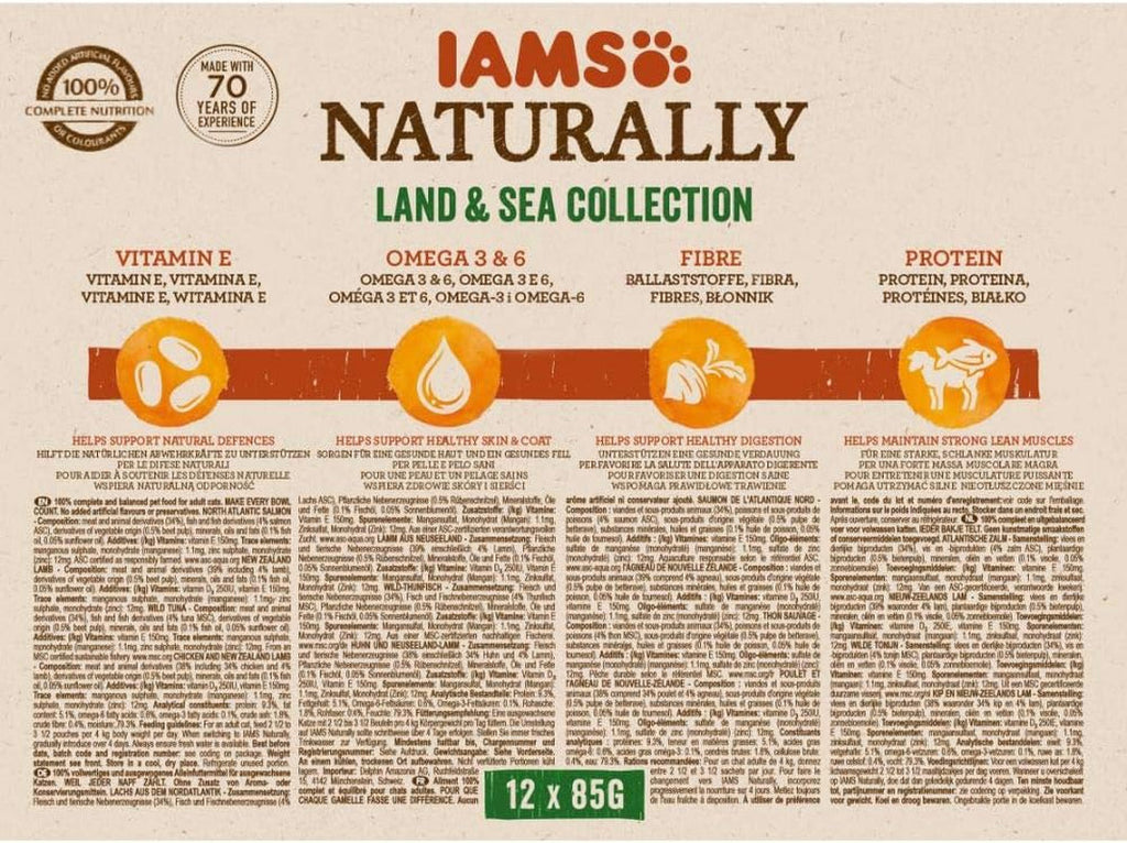 IAMS Naturally Cat Food Wet in Sauce - Hrană umedă de înaltă calitate cu carne și pește pentru pisici adulte, Land & Sea Collection, 12 X 85 G